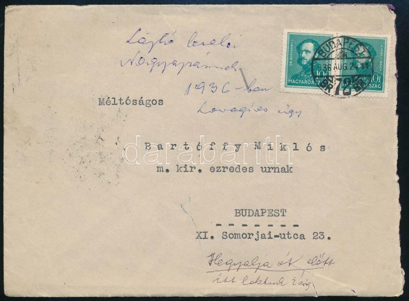 1936 Dinnyés Lajos 'Lajkó' (1901-1961) kisgazda politikus, országgyűlési képviselő, későbbi miniszterelnök gépelt levele Bartóffy Miklós (1882-1964) m. kir. ezredes, későbbi vezérőrnagy részére, melyben köszönetét fejezi egy