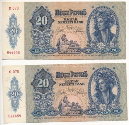 1941. 20P (2x) 'C070 044458-044459' sorszámkövetők T:III az egyiken ceruzás firka Adamo P12