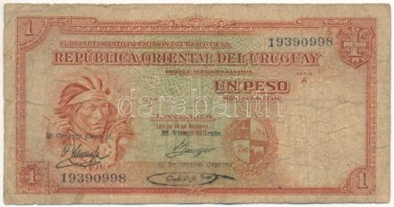 Uruguay 1937. 1P 'EG, FSZ, JCN' T:III- Uruguay 1937. 1 Peso 'EG, FSZ, JCN' C:VG Krause P#28d