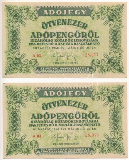 1946. 50.000AP (2x) 'A03 28.977-28.978' sorszámkövetők T:III