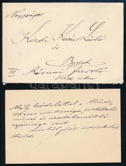 1930. márciusa, Csobádi Samu ügyvéd, a Budai Hitközség alelnökének gratuláló sorai Kézdi-Kovács László (1864-1942) festőművészhez, négy évtizedes művészi munkájának jubileuma alkalmából. Csobádi Samu névjegykártyáján,