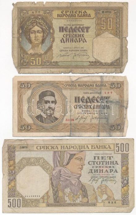 Szerbia 1941. 50D + 500D + 1942. 50D T:III- szakadás, anyaghiány Serbia 1941. 50 Dinara + 500 Dinara + 1942. 50 Dinara C:VG tear, material error Krause P#26,27b,29