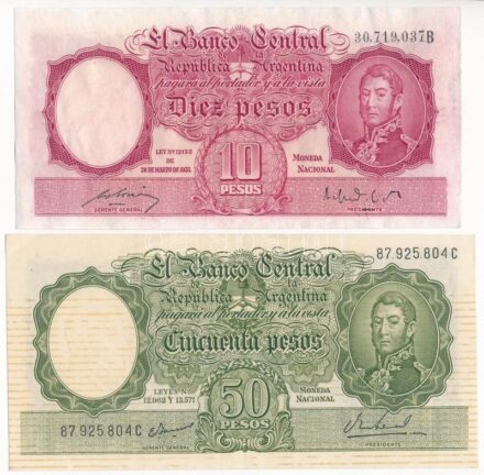 Argentína 1949-1952. 10P 'JJB, AGM' + 1967-1968. 50P 'EI, PR' T:II- Argentina 1949-1952. 10 Pesos 'JJB, AGM' + 1967-1968. 50 Pesos 'EI, PR' C:VF Krause P#265, P#271