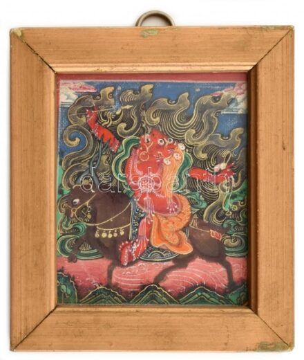 Tibeti vászonra festett buddhista miniatűr, üvegezett keretben, 9,2×11 cm