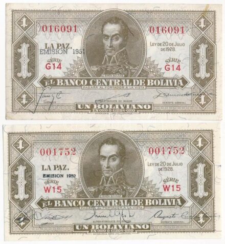 Bolívia 1951. 1B 'EMISIÓN 1951 - G14 016091' + 1952. 1B 'EMISIÓN 1952 - W15 001752' T:III,I- Bolívia 1951. 1 Boliviano 'EMISIÓN 1951 - G14 016091' + 1952. 1 Boliviano 'EMISIÓN 1952 - W15 001752' C:F,AU Krause P#128b, P#128c