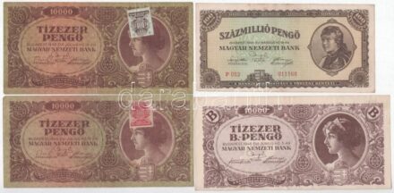 1945. 10.000P (fejjel lefelé ragasztott 'MNB' bélyeg) + 10.000P (piros 'MNB' bélyeg) + 1946. 100.000.000P (ferde nyomattal) + 10.000BP (eltolódott nyomat) + 100.000AP (lekopott festék/festékhiány?) + 1.000.000AP (3x, mind fordított