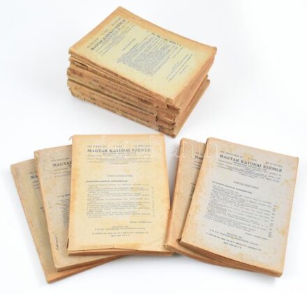 1942 Magyar Katonai Szemle folyóirat 14 db száma: XII., XIII., XIV. évf., 1942. április-1944. augusztus (nem teljes évfolyamok), benne számos érdekes haditechnikai írással. Kissé sérült, foltos állapotban.