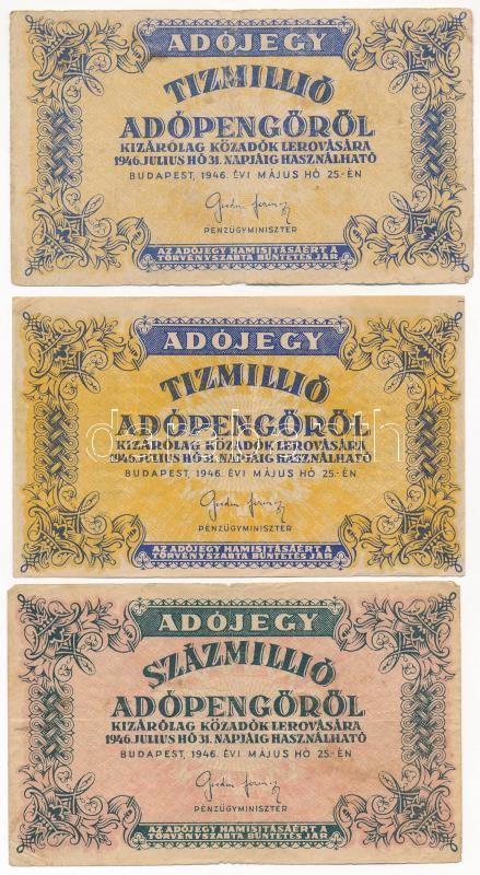 1946. 10.000.000AP (fordított címerrel) + 10.000.000AP (apróbetűs, ékezethiányos hátlapi szöveg) + 100.000.000AP (apróbetűs ékezethiányos hátlapi szöveg) T:III,III- Adamo P54, P55