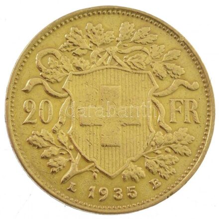 Svájc 1935B 20Fr Au 'Helvetia' Bern (6,45g/0.900) T:2 ph. Switzerland 1935B 20 Francs Au 'Helvetia' Bern (6,45g/0.900) C:XF edge error Krause KM#35.1