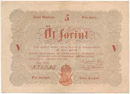 1848. 5Ft 'Kossuth bankó' vörösesbarna 'SR1 871345' T:III kis folt Adamo G109