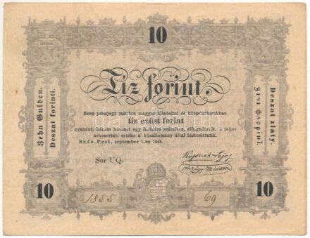 1848. 10Ft 'Kossuth bankó' 'UQ 1855 69' T:III kis folt Adamo G111
