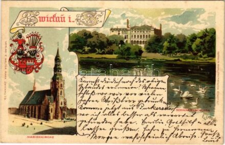 Zwickau, Marienkirche, Schwanenschloss / church, swan lake with castle. Verlag E. Walter Marx Art Nouveau, litho with coat of arms (fl)