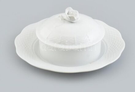 Herendi rózsás fehér mázas porcelán dzsemtartó, jelzett, d: 18 cm
