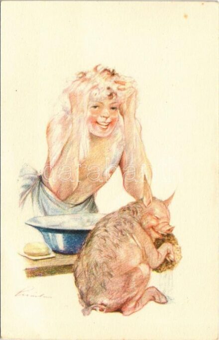 A cserkész tiszta. A Magyar Cserkészszövetség kiadása / Hungarian boy scout art postcard, pig s: Márton L. (EK)