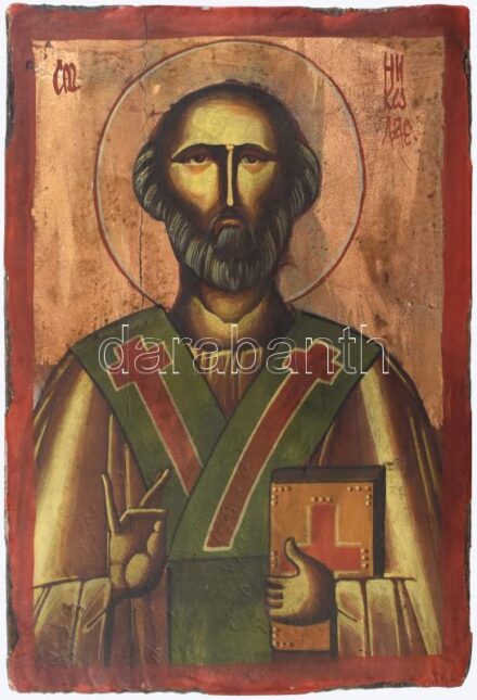 Ikon: Szent Miklós. Tojástempera, fa, Sérült, 27x17,5cm