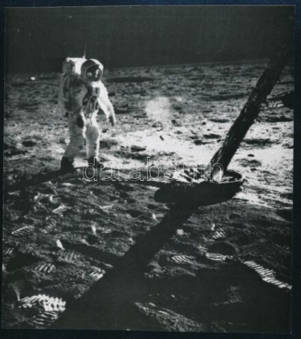 Ember a Holdon, Apollo-11, hátoldalon feliratozott sajtófotó, utólagos előhívás, 14×13 cm