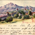 1900 Lucerne, Luzern; Pilatus mit Gütsch / mountain, castle (surface damage)