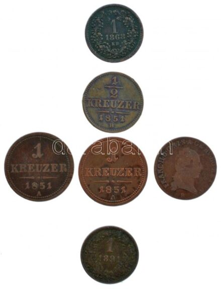 1800B 1/2kr Cu 'I. Ferenc' + 1851B 1/2kr Cu + 1868KB 1kr Cu + Ausztria 1851A 1kr Cu (2x) + 1891. 1kr Cu T:2-,3