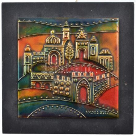 HADAR AVIV izraeli művész: Jeruzsálem. Tűzzománc, fára applikálva. Jelzett. 12x12cm