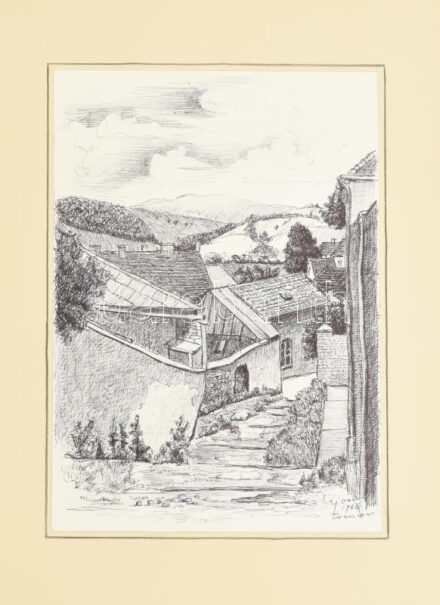Ujváry Lajos (1925-2006): Trencsén, 1966. Tus, papír, jelzett. Kartonra kasírozva. 29,5x21 cm