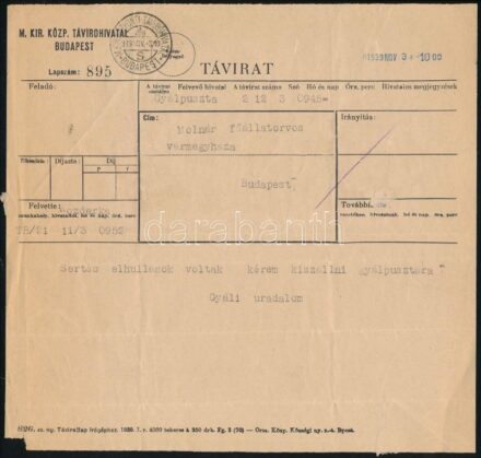 1939 Főállatorvos értesítése táviratilag, sertéspusztulás miatt a gyáli uradalomból