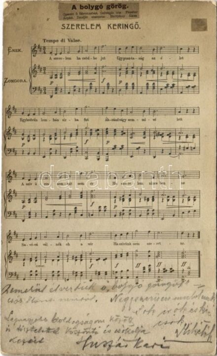 1905 'Szerelem keringő' A bolygó görög. Operett 3 felvonásban. Szövegét írta Pásztor Árpád. Zenéjét szerezte: Buttykay Ákos (EK)