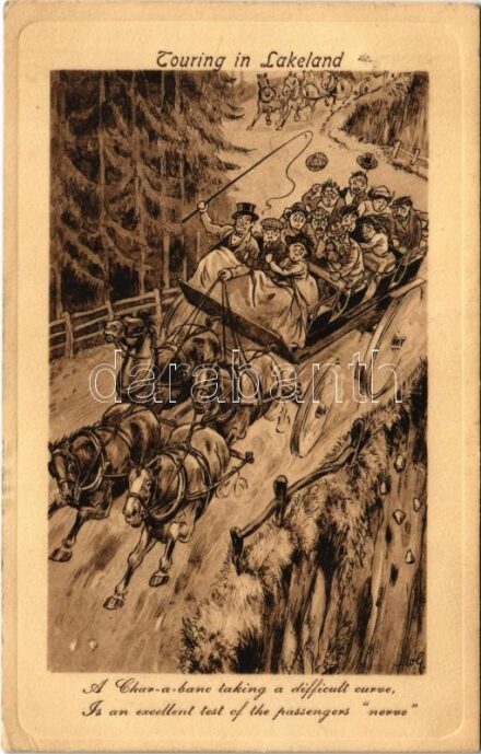 1914 'Touring in Lakeland. A Char-a-banc taking a difficult curve, Is an excellent test of the passengers 'nerve'' British humour (EK)