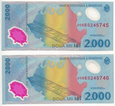 Románia 1999. 2000L 'Napfogyatkozás' (2x) sorszámkövetők T:I Romania 1999. 2000 Lei 'Solar eclipse' (2x) with consecutive serials C:UNC Krause P#111