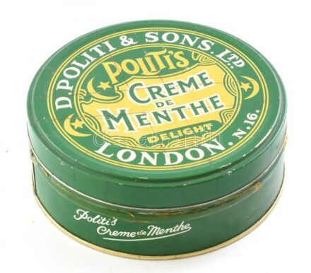 Creme de Menthe régi pléh doboz, kopott, d: 14 cm
