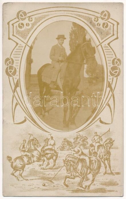 1909 Férfi lovon. Szecessziós képeslap lovaspólóval / Man on hose, Art Nouveau, polo, sport. photo (EK)