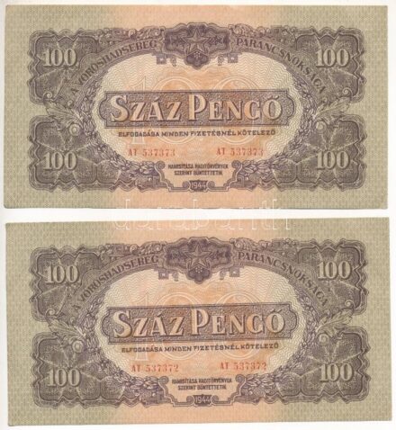 1944. 100P 'A Vöröshadsereg Parancsnoksága' (3x) sorszámkövetők 'AT 537371 - AT 537373' T:II Adamo P47