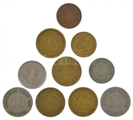 Német Birodalom 1876-1929. 1pf-50pf (10xklf), közte 1928A 50pf Ni T:2-3 German Empire 1876-1929. 1 Pfennig - 50 Pfennig (10xdiff), within 1928A 50 Reichspfennig Ni C:XF-F