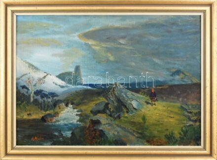 Olvashatatlan jelzéssel: Vadász puskával.. Olaj, farost.. Dekoratív fakeretben. 45,5x64 cm