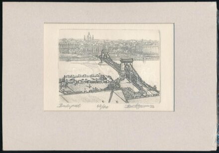 Hermann Zoltán (1954-): Lánchíd. Színes rézkarc, papír jelzett. Számozott: 17/35, paszpartuban, 18×26 cm