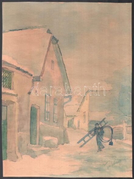 Turi Jobbágy József (?-?): Kéményseprő a Tabánban. Akvarell, papír, jelzett, szélelinél kissé sérült, 32×23,5 cm