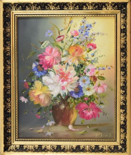 Orsovai Valéria (1943 -): Virágok. Olaj, fa, jelzett. Dekoratív fakeretben, 30×25 cm