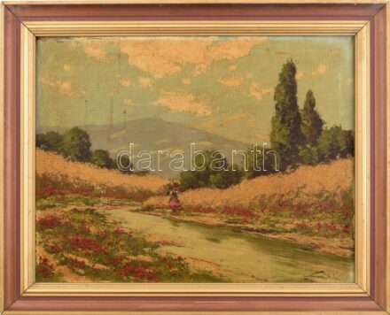 Olvashatatlan jelzéssel: Hazafelé. Olaj, vászon. Kissé sérült. 40x50,55 cm. Dekoratív, kissé sérült fakeretben.