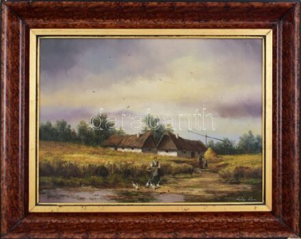 Fülöp Tibor (1961-): Libapásztorlány. Olaj, fa. Jelzett. Dekoratív fakeretben. 30x40 cm