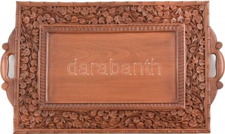Dekoratív fa tálca, levél ornamentikával díszített, XX. sz. vége, 59x35x3,5 cm