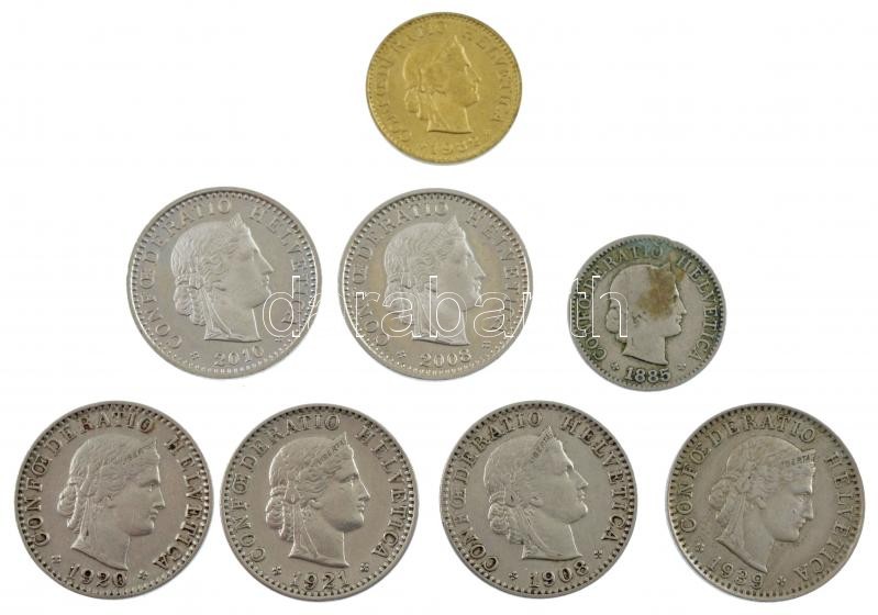Svájc 1885. 5r Cu-Ni + 1908. 20r Ni + 1920. 20r Ni + 1921. 20r Ni + 1939. 20r Cu-Ni + 1981. 5r Al-Br + 2008. 20r Cu-Ni + 2011. 20r Cu-Ni T:1--3 Switzerland 1885. 5 Rappen Cu-Ni + 1908. 20 Rappen Ni + 1920. 20 Rappen Ni + 1921. 20 Rappen Ni +
