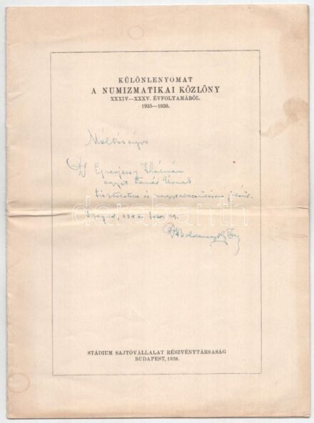 Bohdaneczky Imre: A pénzhamisítás Magyarországon a középkorban. Különlenyomat a Numizmatikai Közlöny XXXIV-XXXV. Évfolyamából 1935-1936. A szerző, Bohdaneczky Imre által Eperjessy Kálmán (1893-1976) történész, levéltáros,