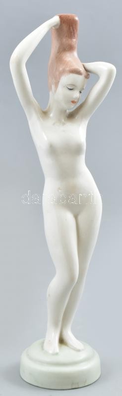 Aquincum porcelán akt szobor. Kézzel festett, jelzett, kopásnyomokkal. 23 cm