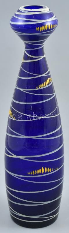 Art Deco üveg váza, kék alapon kézzel festett, szájperemén apró lepattanás, m: 25 cm