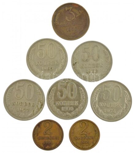 Szovjetunió 1964. 2k + 1966. 2k + 1966. 3k + 1965. 50k + 1966. 50k + 1968. 50k + 1974. 50k + 1977. 50k (kevésbé gyakori évjáratok) T:2-3 Soviet Union 1964. 2 Kopecks + 1966. 2 Kopecks + 1966. 3 Kopecks + 1965. 50 Kopecks + 1966. 50 Kopecks +