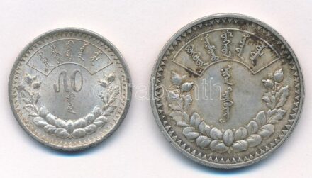 Mongólia 1925. 50m Ag + 1t Ag T:2,2- patina, kis ph Mongolia 1925. 50 Möngö Ag + 1 Tögrög Ag C:XF patina, small edge error Krause KM#7-8
