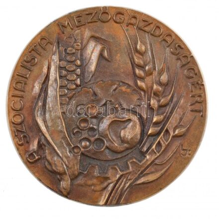 Lajos József (1936-) DN 'A szocialista mezőgazdaságért' egyoldalas, öntött Br plakett tokban (90mm) T:1- patina