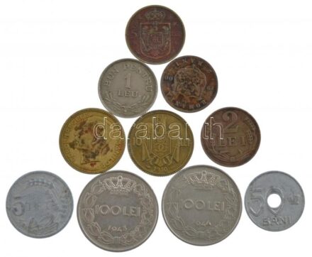 Románia 1900. 2b Br 'I. Károly' + 1921. 50b Al + 1924. 1L Cu-Ni + 1930. 5L Ni-sárgaréz 'I. Mihály' + 1930. 10L Ni-sárgaréz 'II. Károly' (2x) + 1943-1944. 100L Fe 'I. Mihály' (2xklf) + 1947. 2L Br + 1947. 5L Al 'I. Mihály' T:2-3 Romania