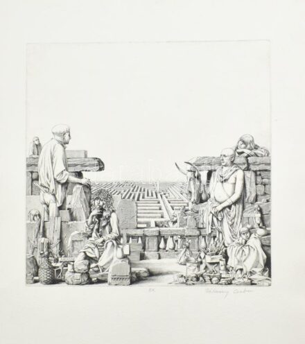Rékassy Csaba (1937-1989): Labirintus. Rézmetszet, papír, poszthumusz lehúzás és jelzés, 34,5×34,5 cm