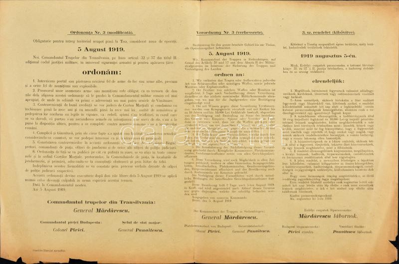 1919 Mardarescu tábornok által kiadott, a Tiszáig megszállott területekre vonatkozó rendelet, szakadással