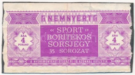 ~1970-1980. 'Nemnyert - 'Sport' borítékos sorsjegy 35 sorozat' sorsjegy 4Ft értékben, kartonlapra ragasztva T:III